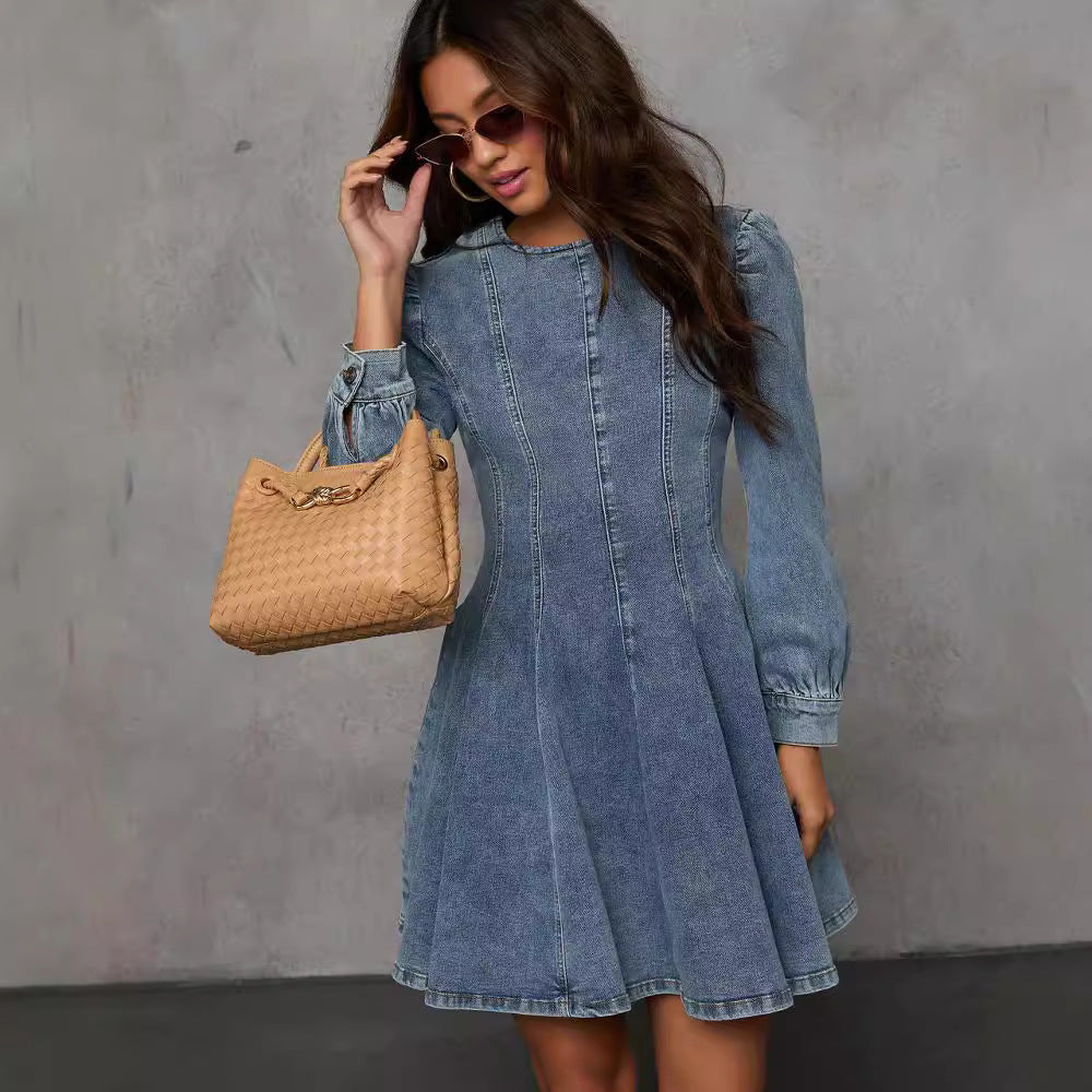 Women's Autumn Elegant Patchwork Denim Long Sleeve Dresses