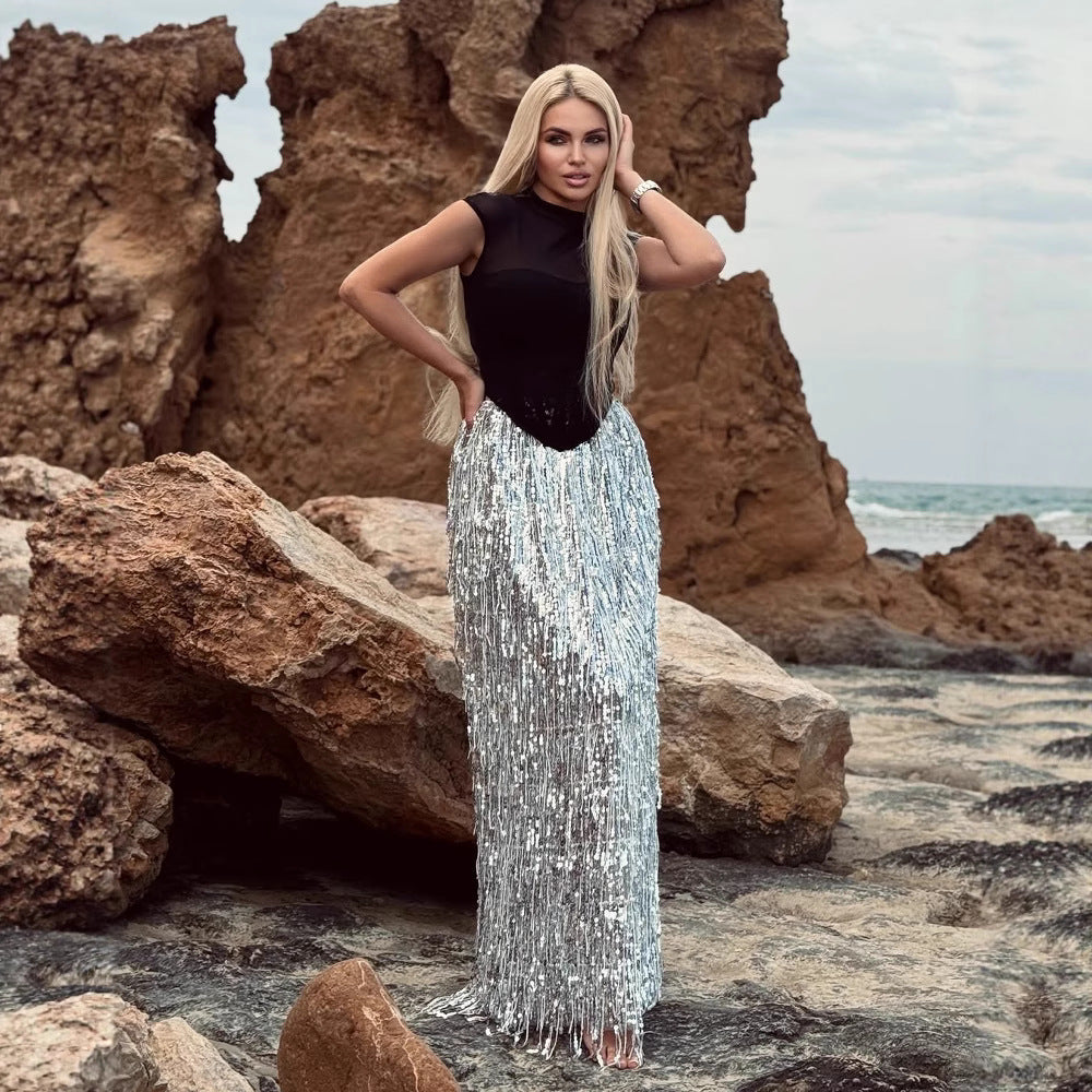 Women's Summer Tassel Sequin Long High Waist Suits