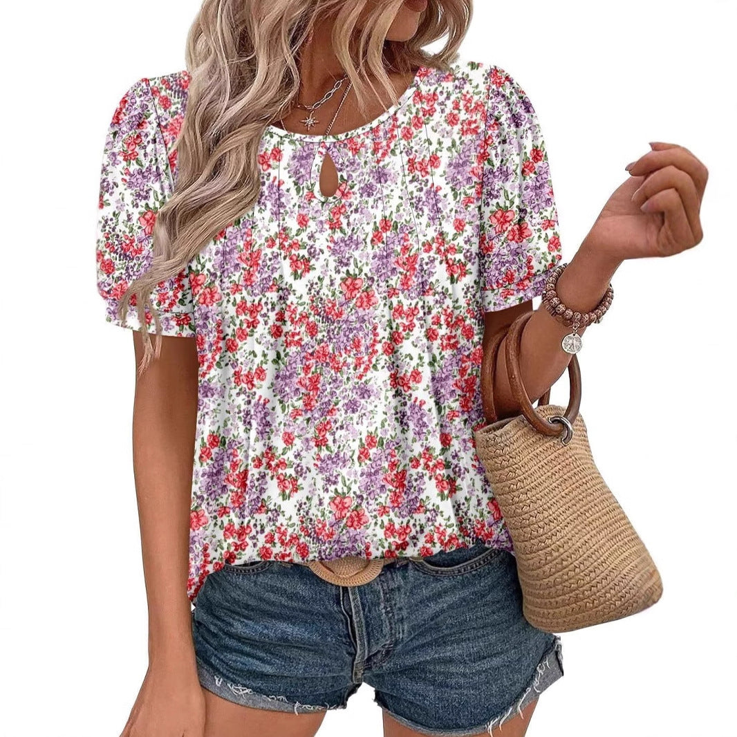 Women's Floral Print Round Neck Ripped Leisure Blouses