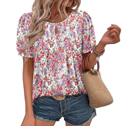 Women's Floral Print Round Neck Ripped Leisure Blouses