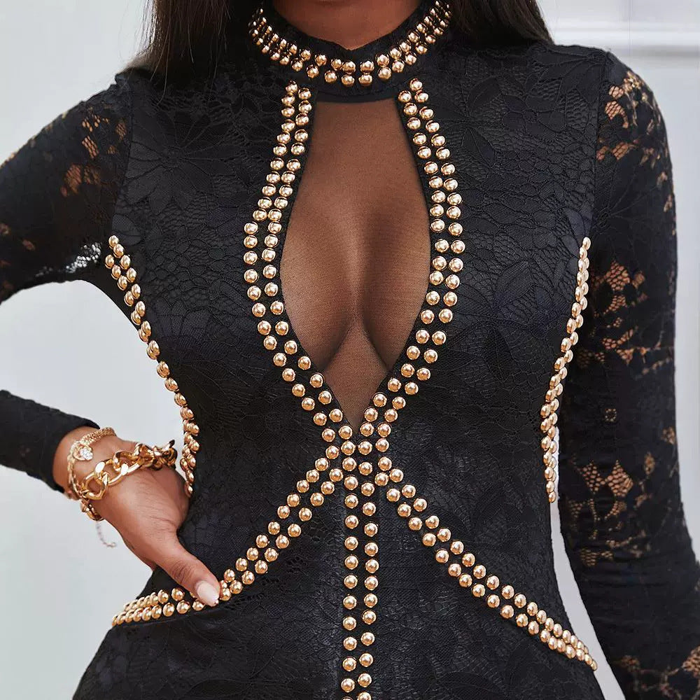 Women's Fashion Mature Hot Rhinestone Mesh Lace Dresses