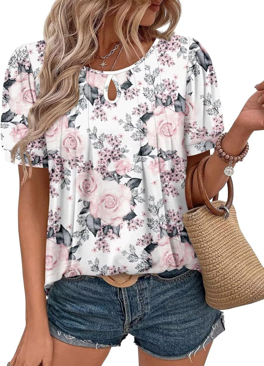 Women's Floral Print Round Neck Ripped Leisure Blouses