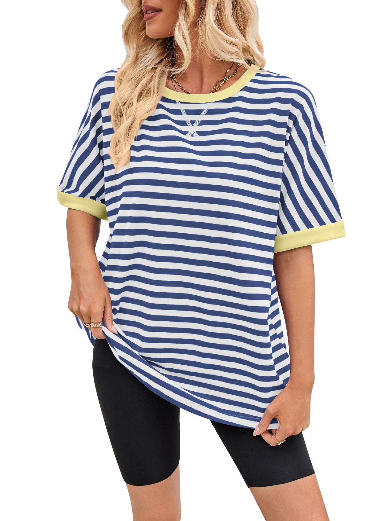 Women's Summer Casual Striped Crew Neck Trendy Blouses