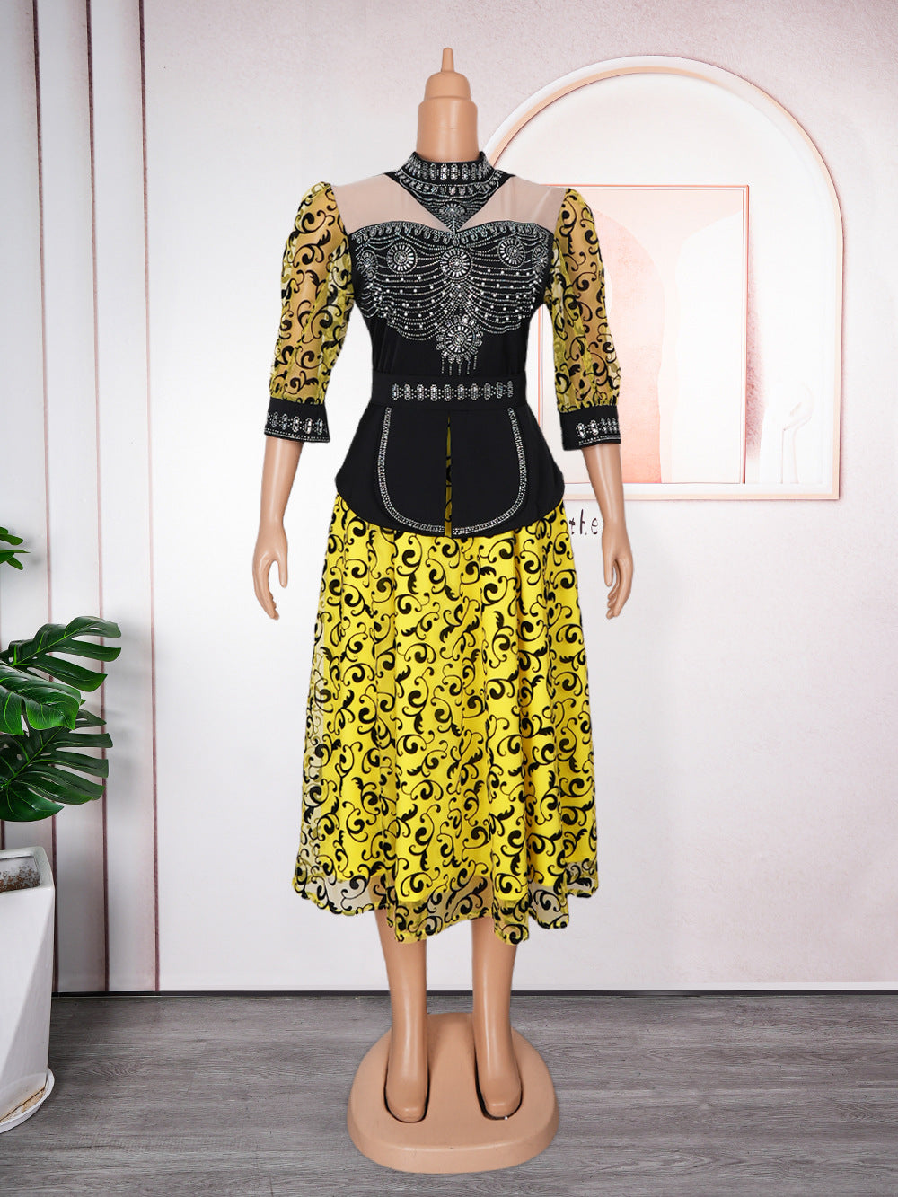 Women's African Rhinestone Bubble Beads Drawstring Lace Dresses