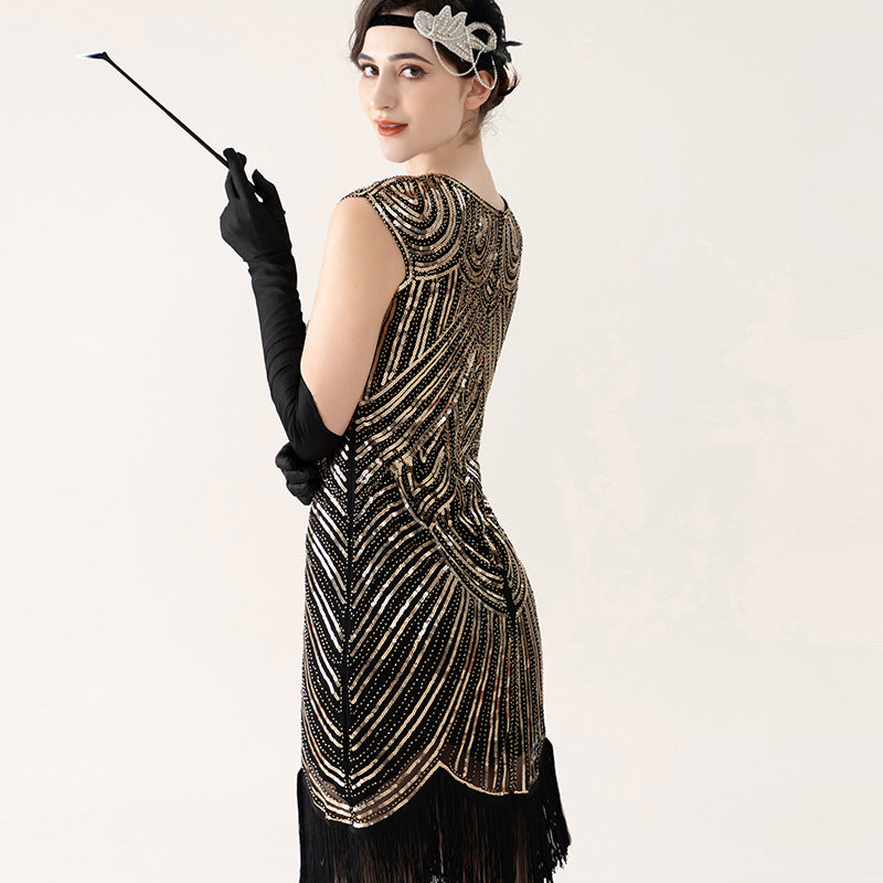 Vintage Sequined Tassel Dress Party Dance Evening Dresses