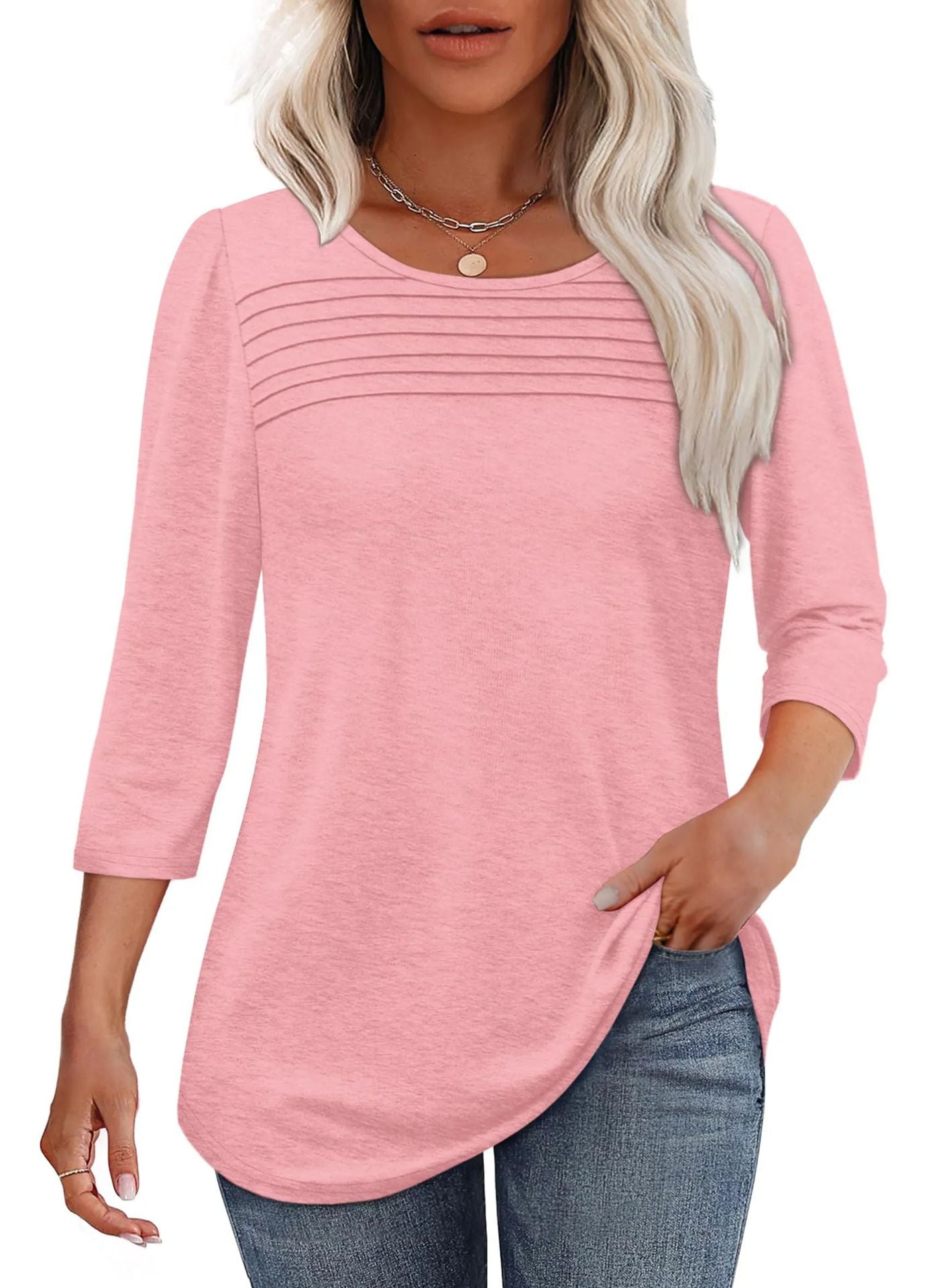 Women's Round Neck Sleeves Chest Tuck Line Blouses