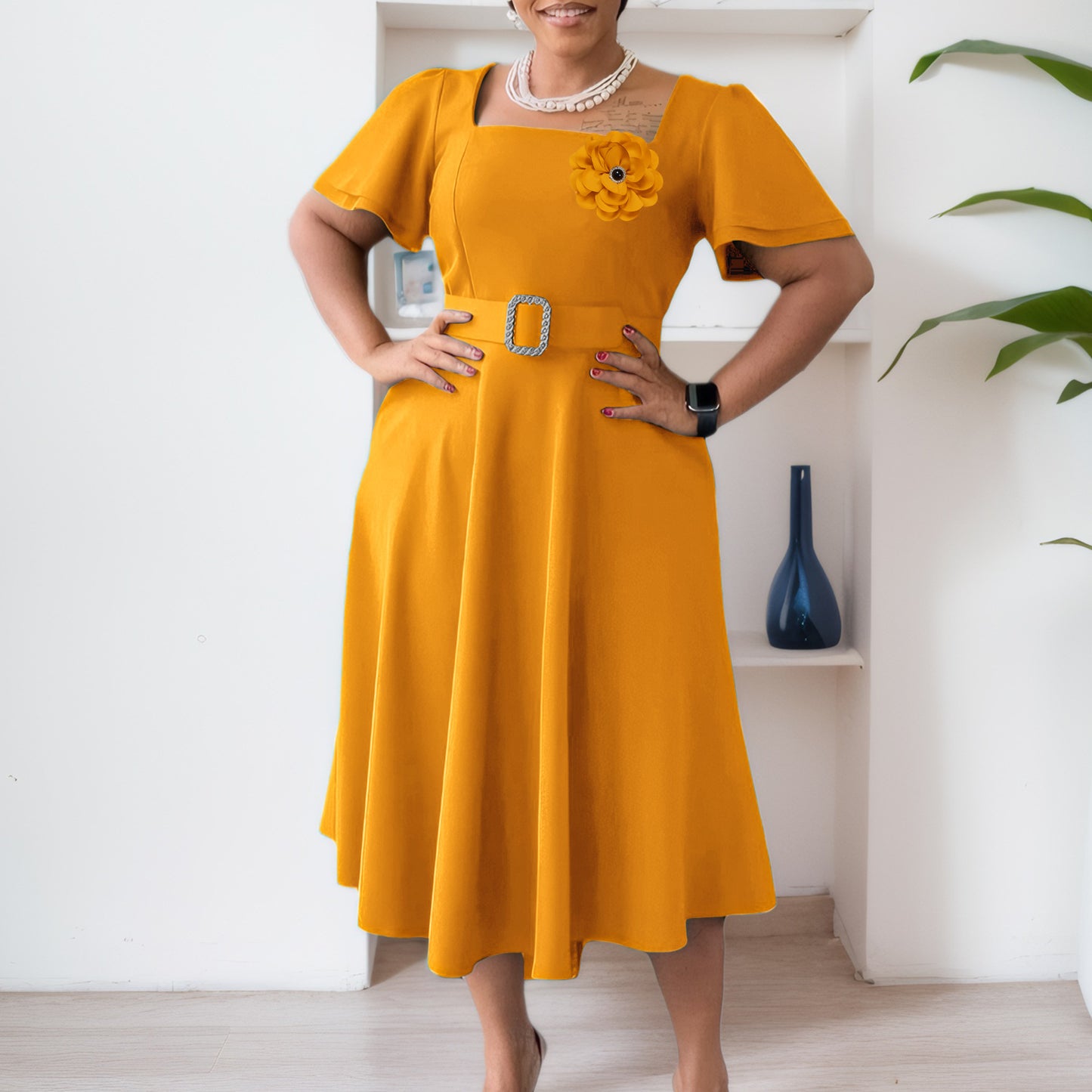 Women's Summer Female Fashion Square Collar Solid Color High Waist Dresses
