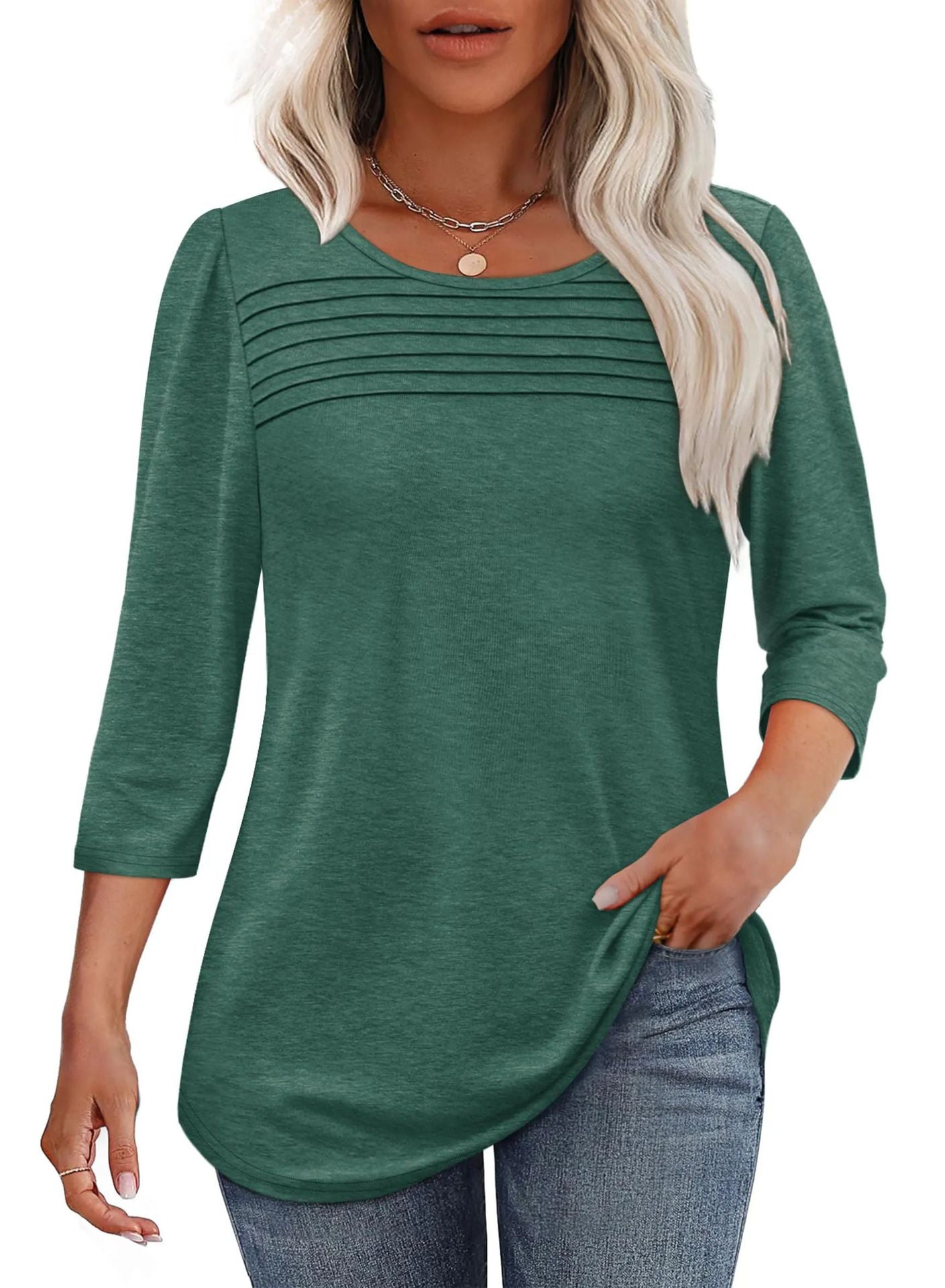 Women's Round Neck Sleeves Chest Tuck Line Blouses