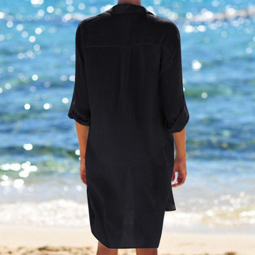 Women's Long-sleeved Lapel Pleated Beach Sun Protection Blouses