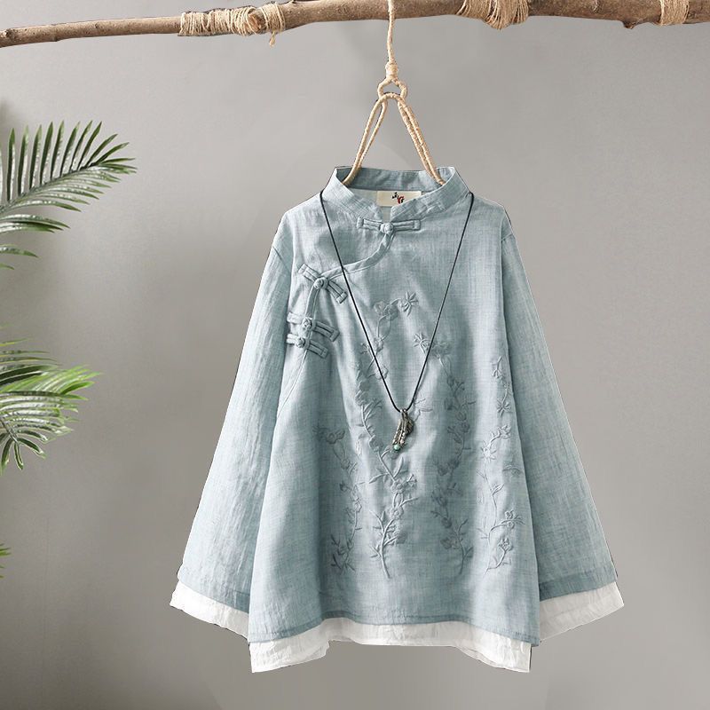 Women's Button Ramie Cotton Shirt Spring Style Zen Tea Gown Blouses