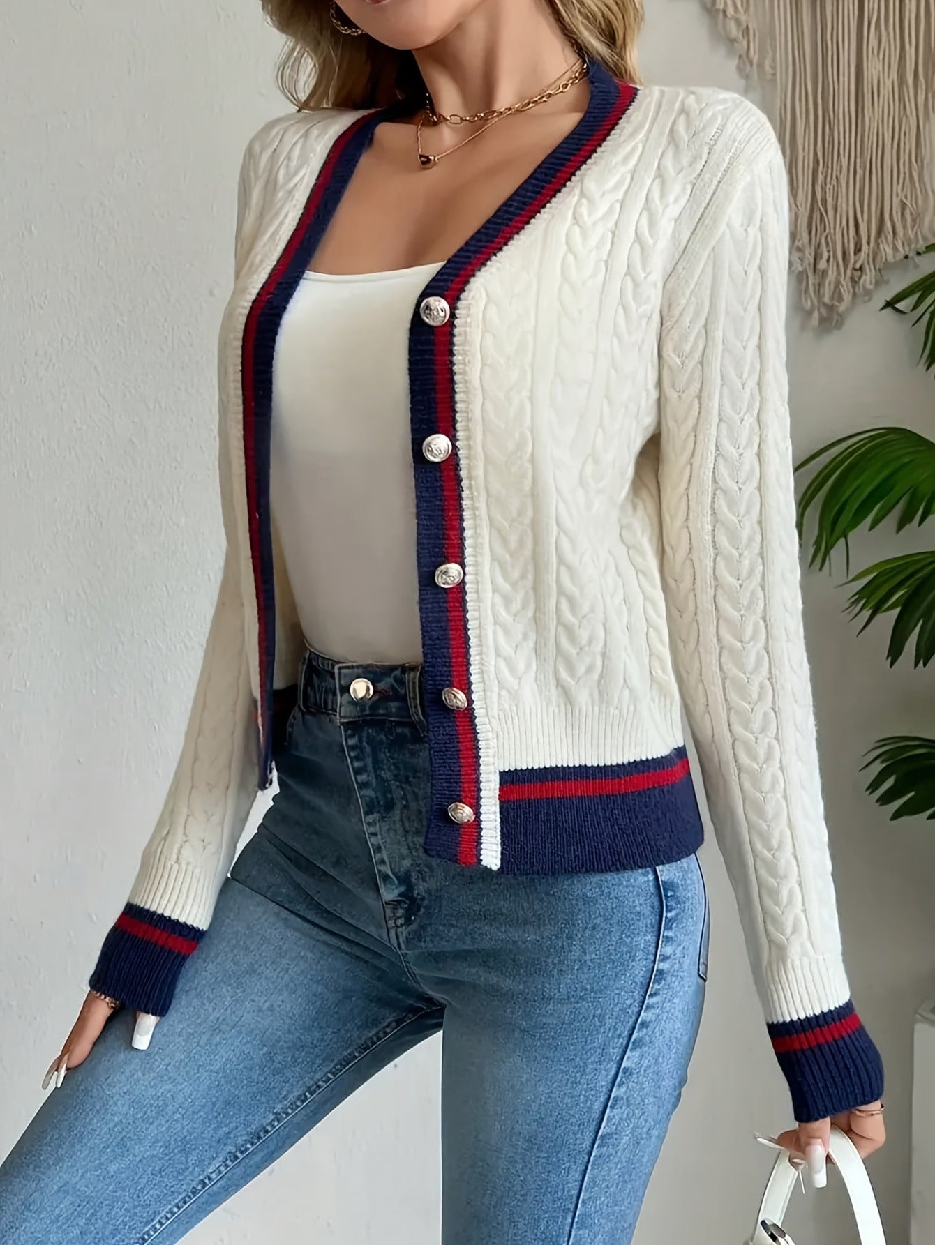 Women's Contrast Color Preppy Style Button Knitted Women's Sweater