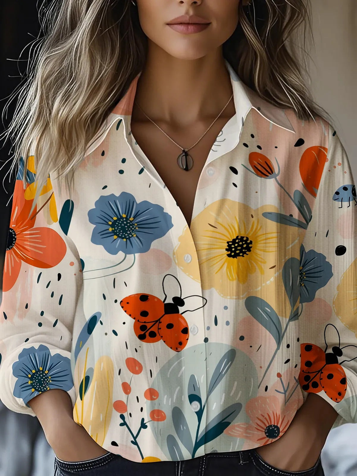Printed Long-sleeved Shirt Imitation Cotton Linen Blouses