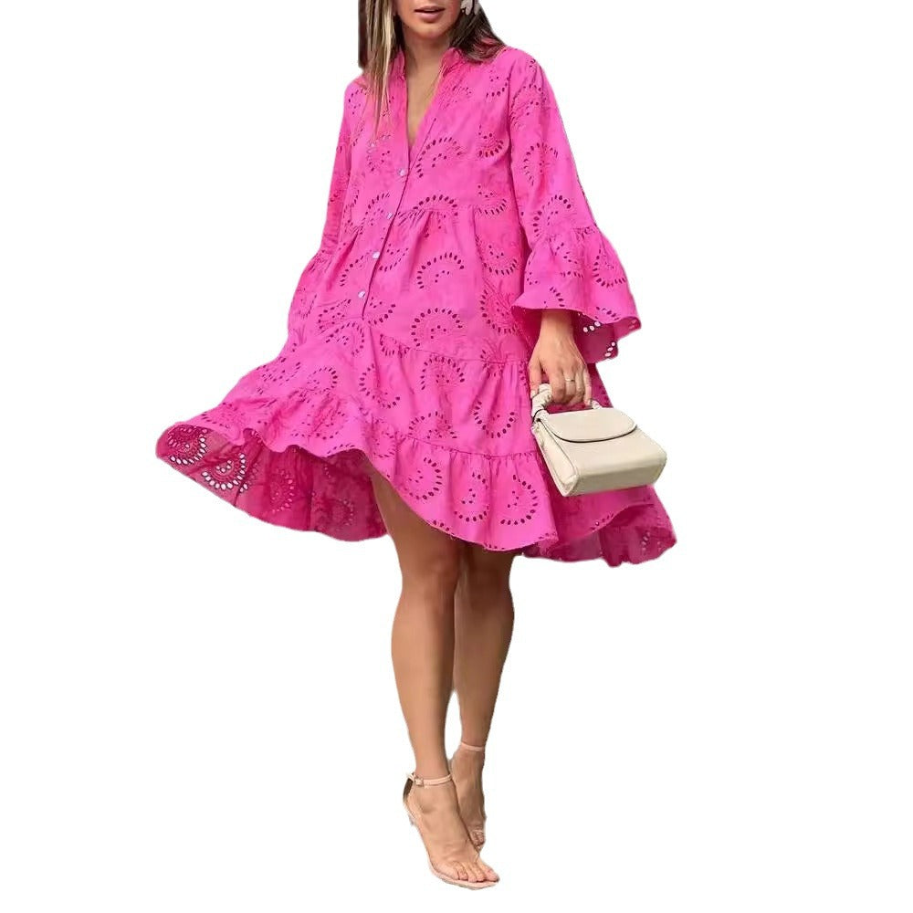 Solid Color Loose Embroidered Cutout Lace Dresses