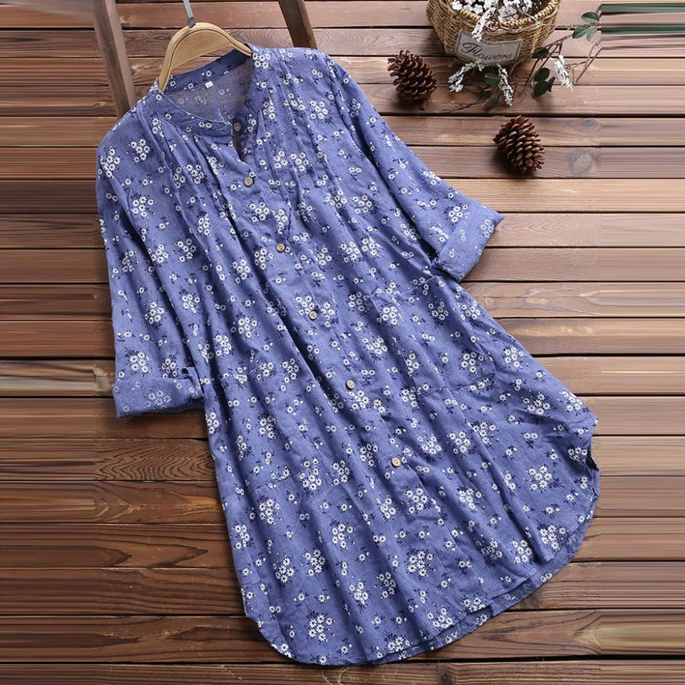 Women's Shirt Cotton Linen Floral Mid-length Loose Blouses