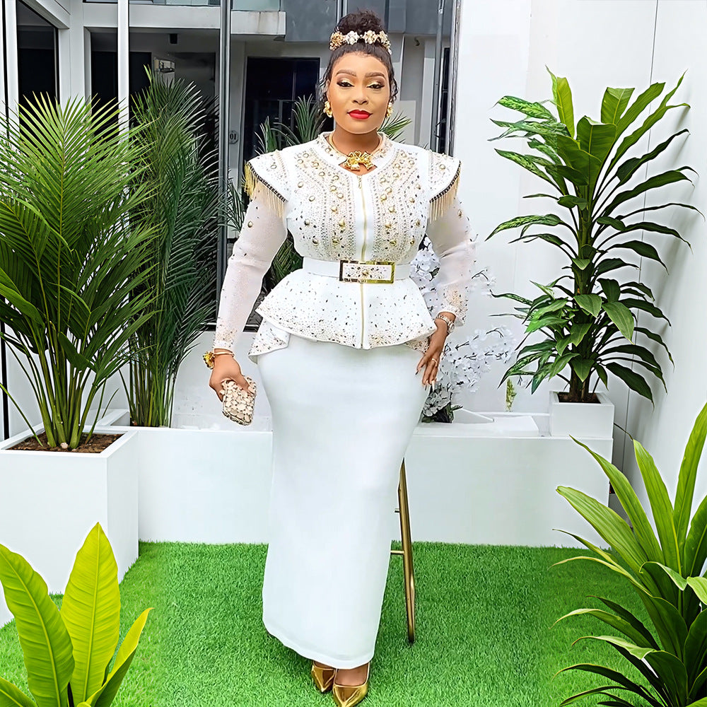 Women's African Dress Rhinestone Two-piece Set Suits