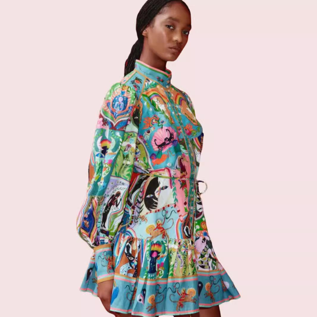 Fashion Puff Sleeve Lotus Leaf Hem Dresses