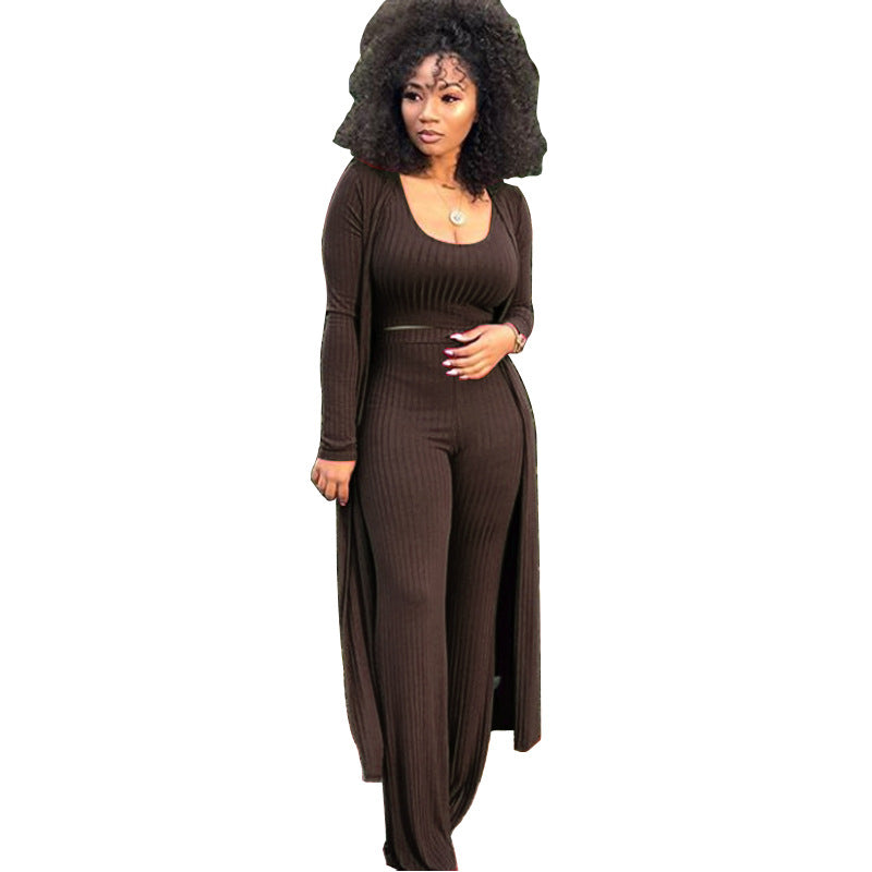 Women's High Elastic Sunken Stripe Three-piece Tight Suits