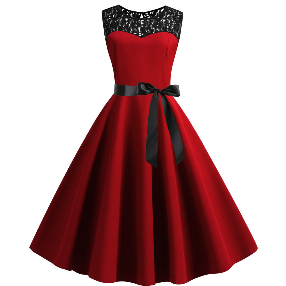 Sleeveless Lace Stitching Solid Color Wide Dresses