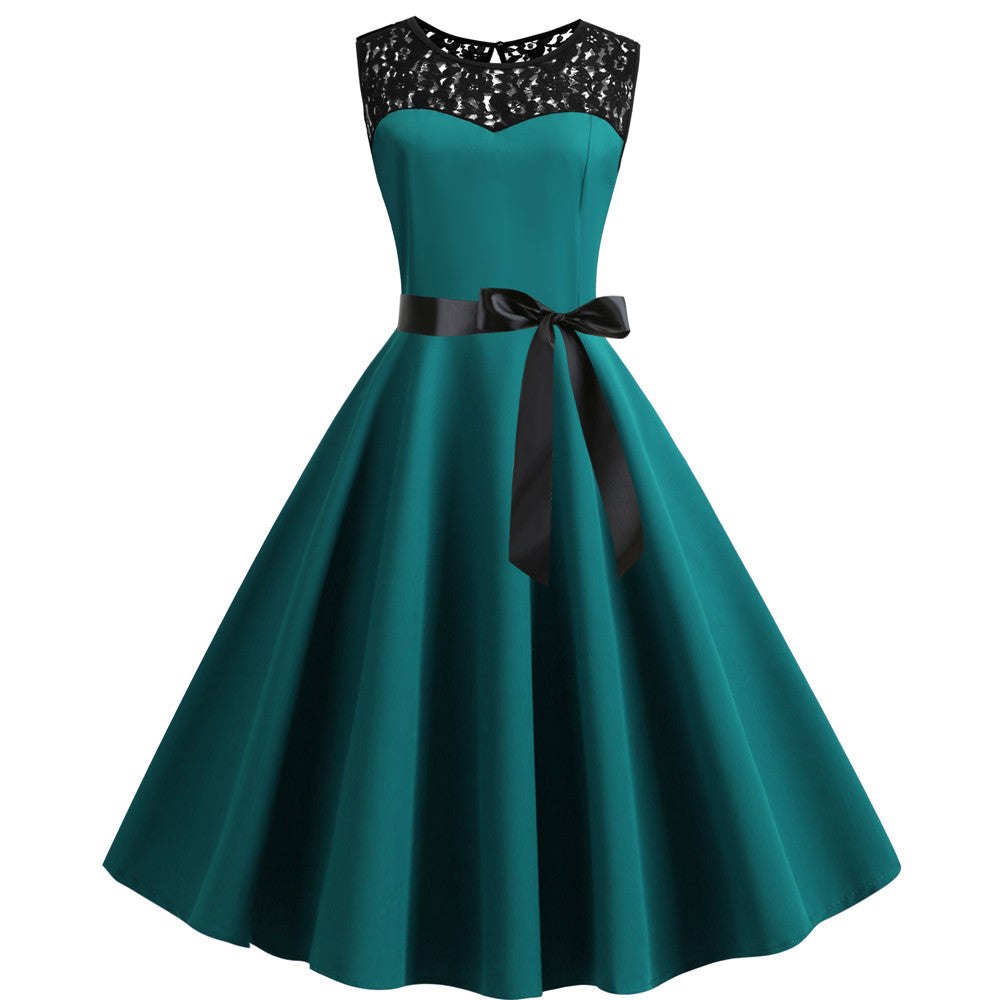 Sleeveless Lace Stitching Solid Color Wide Dresses