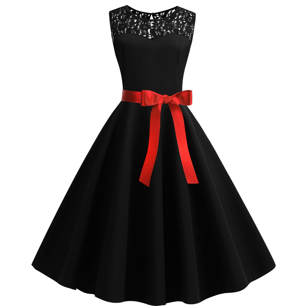 Sleeveless Lace Stitching Solid Color Wide Dresses