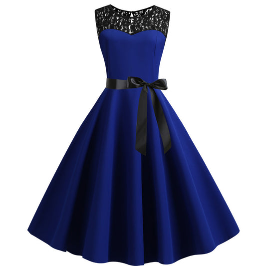 Sleeveless Lace Stitching Solid Color Wide Dresses
