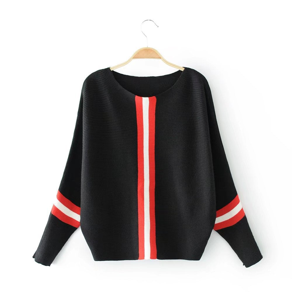 Women's Autumn Striped Stitching Batwing Sleeve Knitted Tops