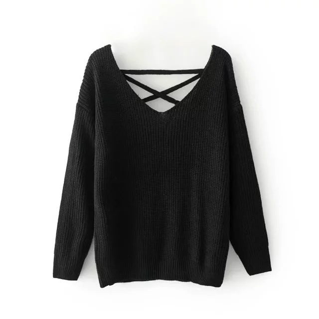 Women's Loose Pullover Solid Color Cross Sweaters