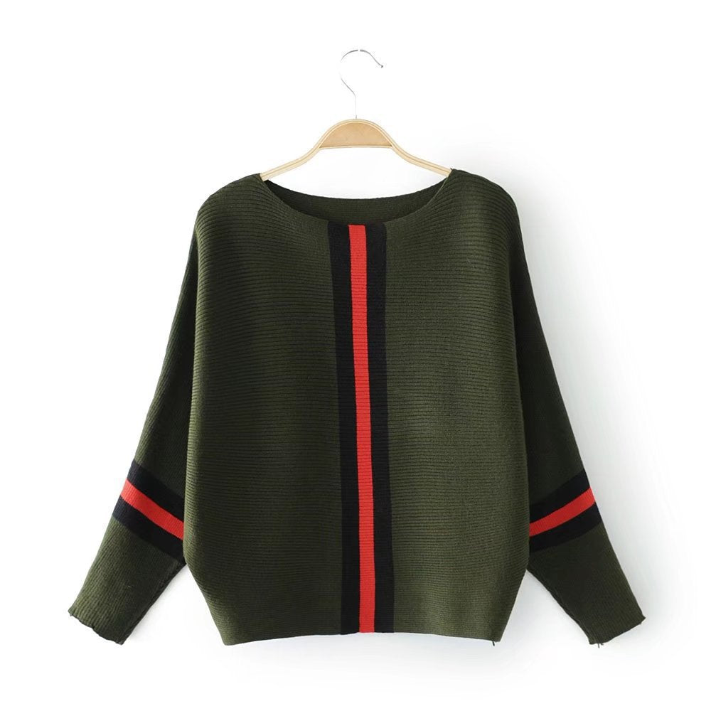 Women's Autumn Striped Stitching Batwing Sleeve Knitted Tops