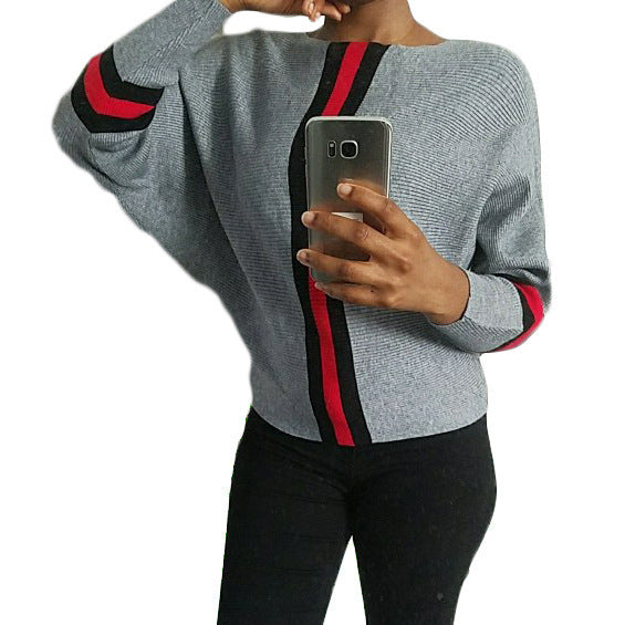 Women's Autumn Striped Stitching Batwing Sleeve Knitted Tops