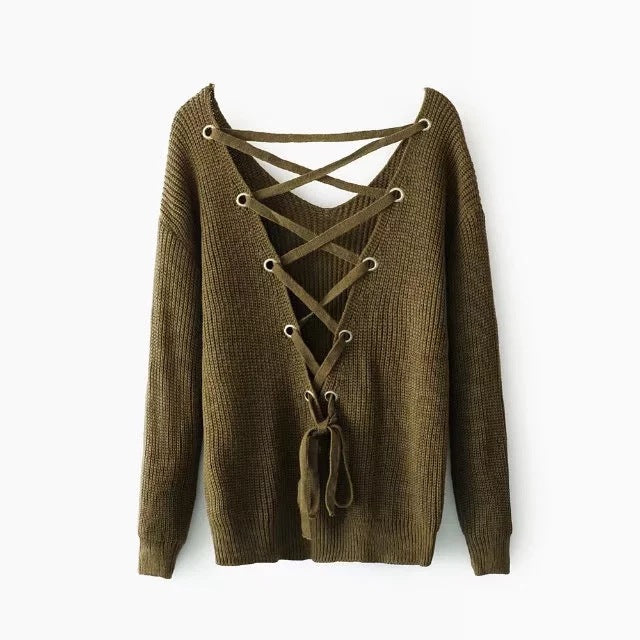 Women's Loose Pullover Solid Color Cross Sweaters