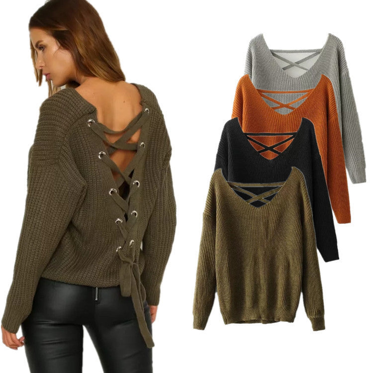 Women's Loose Pullover Solid Color Cross Sweaters