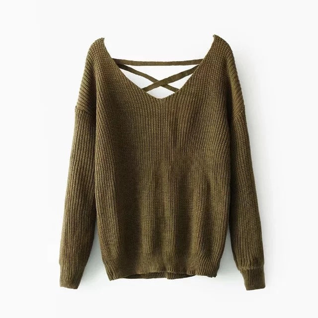 Women's Loose Pullover Solid Color Cross Sweaters