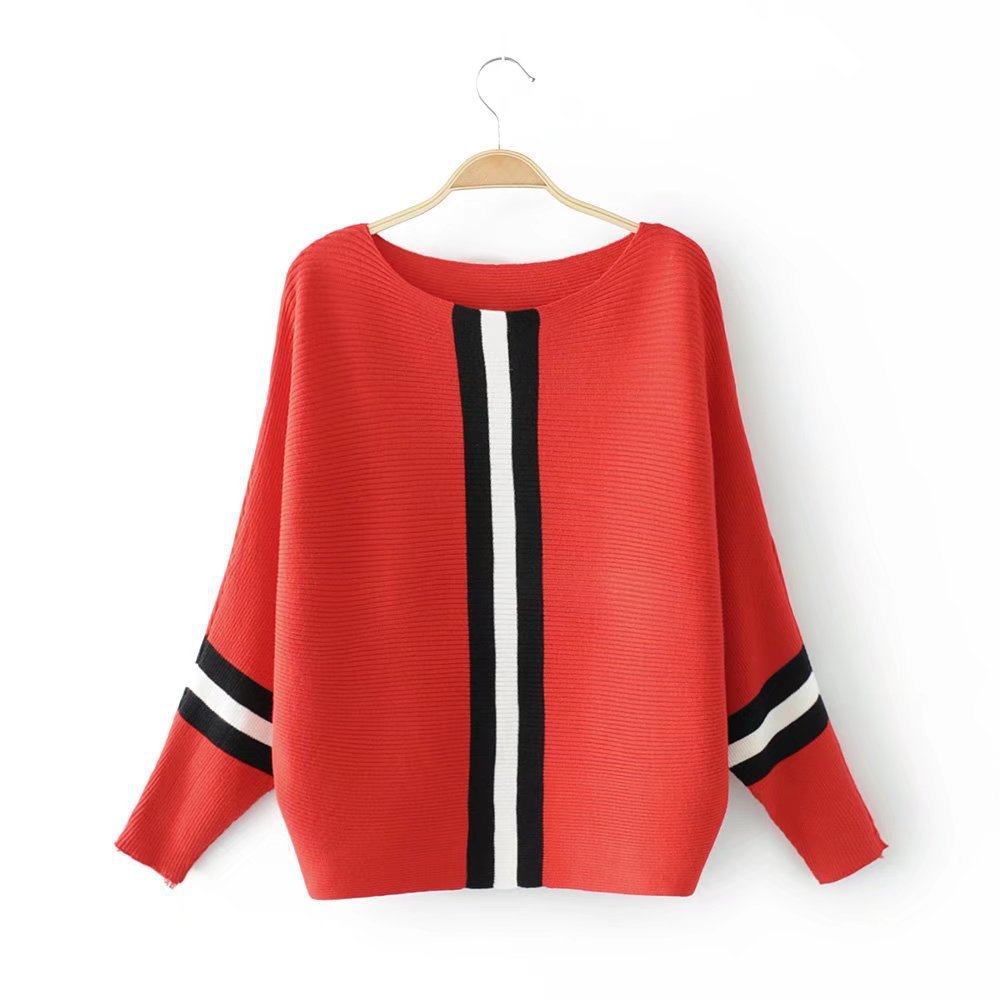 Women's Autumn Striped Stitching Batwing Sleeve Knitted Tops