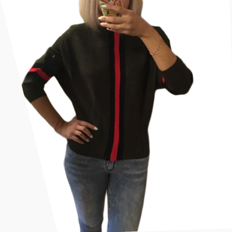 Women's Autumn Striped Stitching Batwing Sleeve Knitted Tops