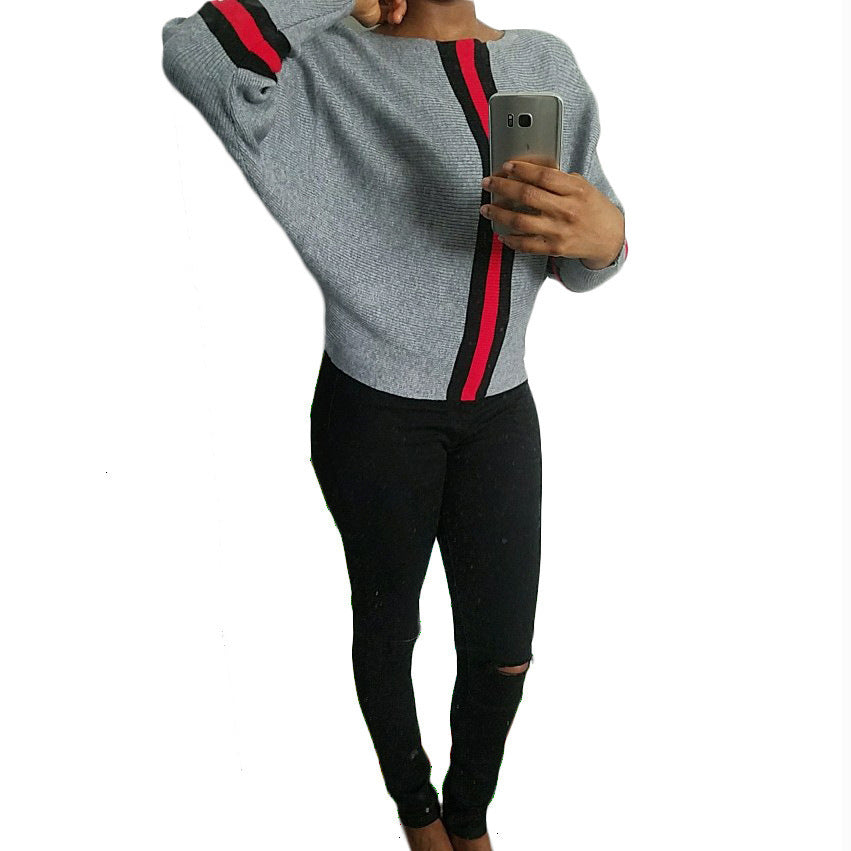 Women's Autumn Striped Stitching Batwing Sleeve Knitted Tops