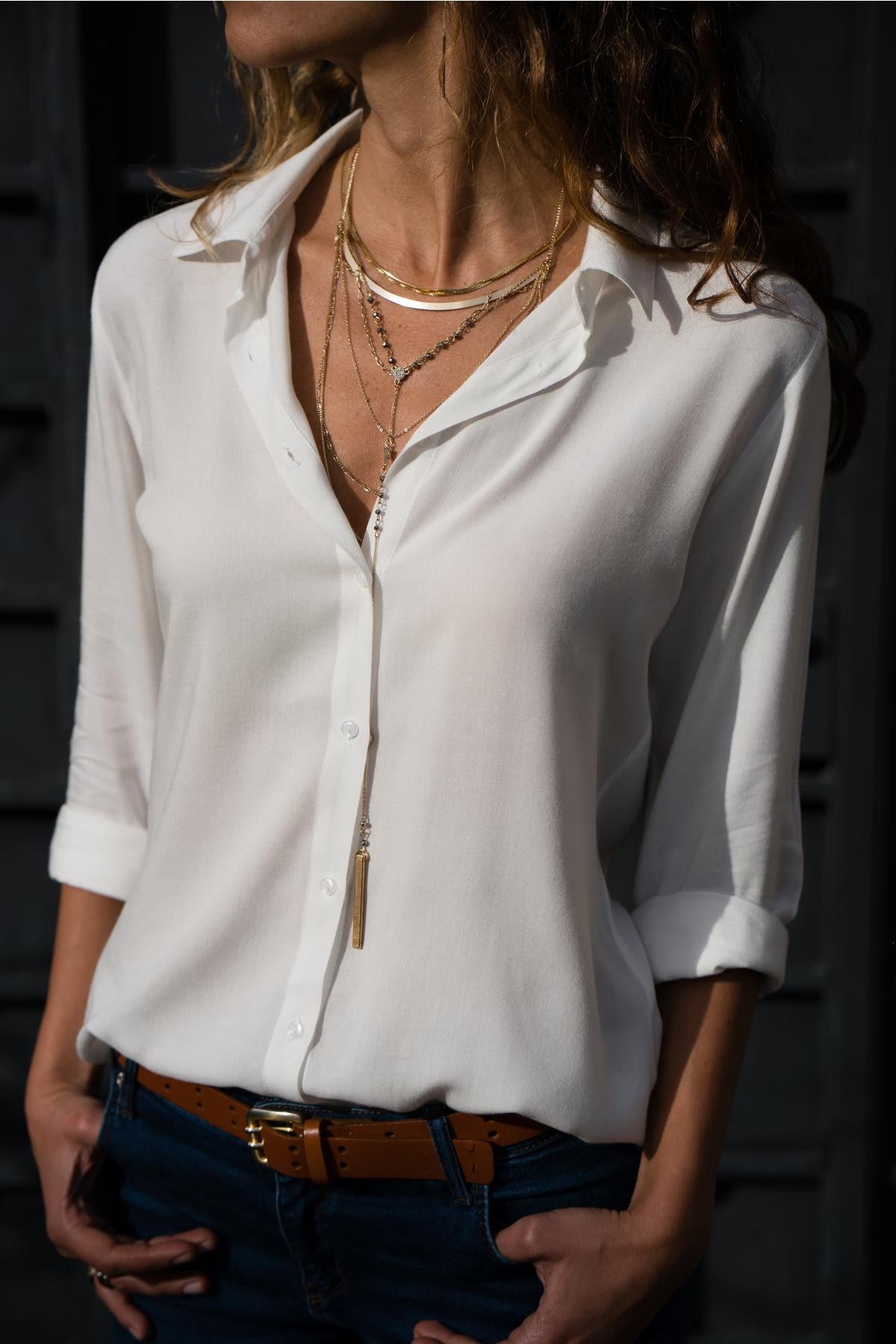 Women's Long Sleeve Ladies Lapel Button Shirt Blouses