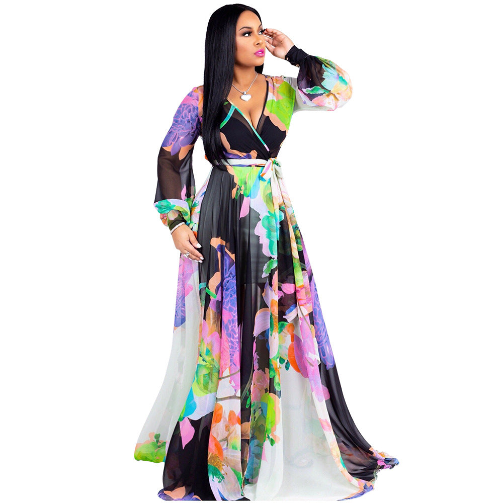 Women's Printed Chiffon Sexy Dress With Lining Dresses