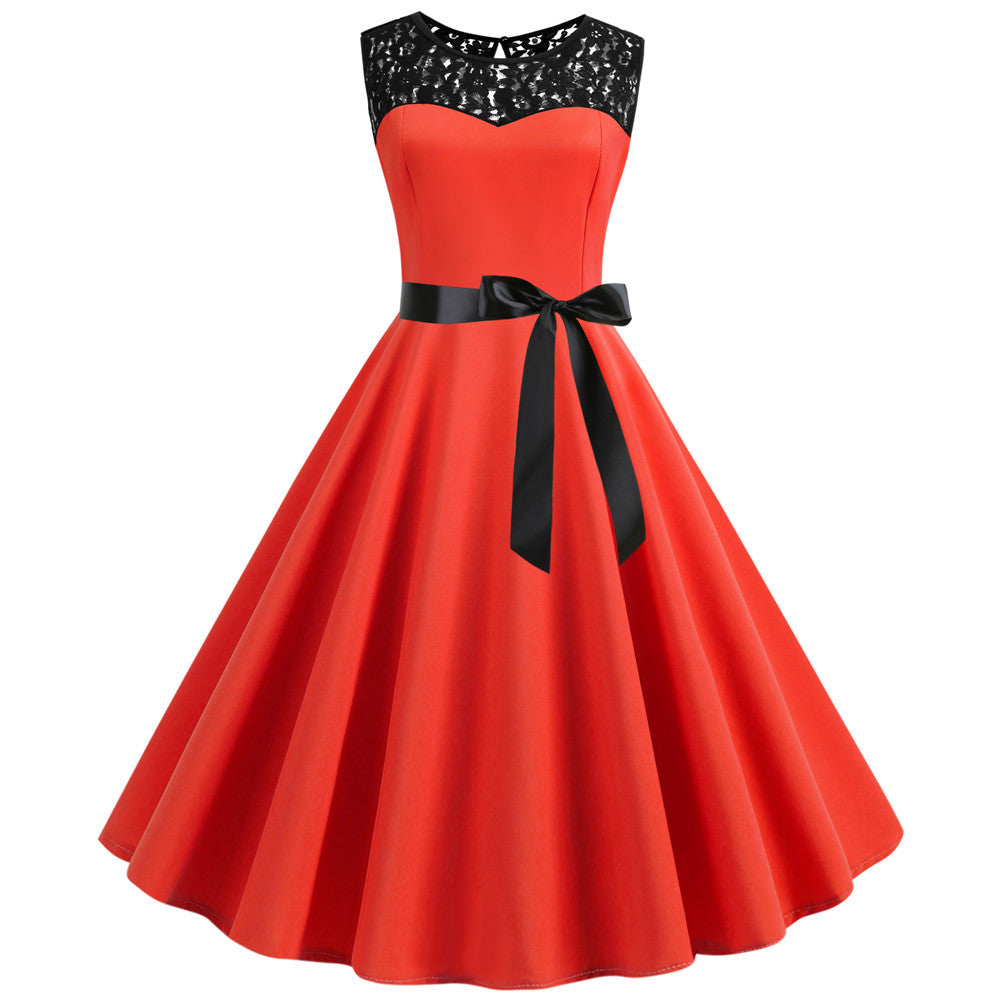 Sleeveless Lace Stitching Solid Color Wide Dresses
