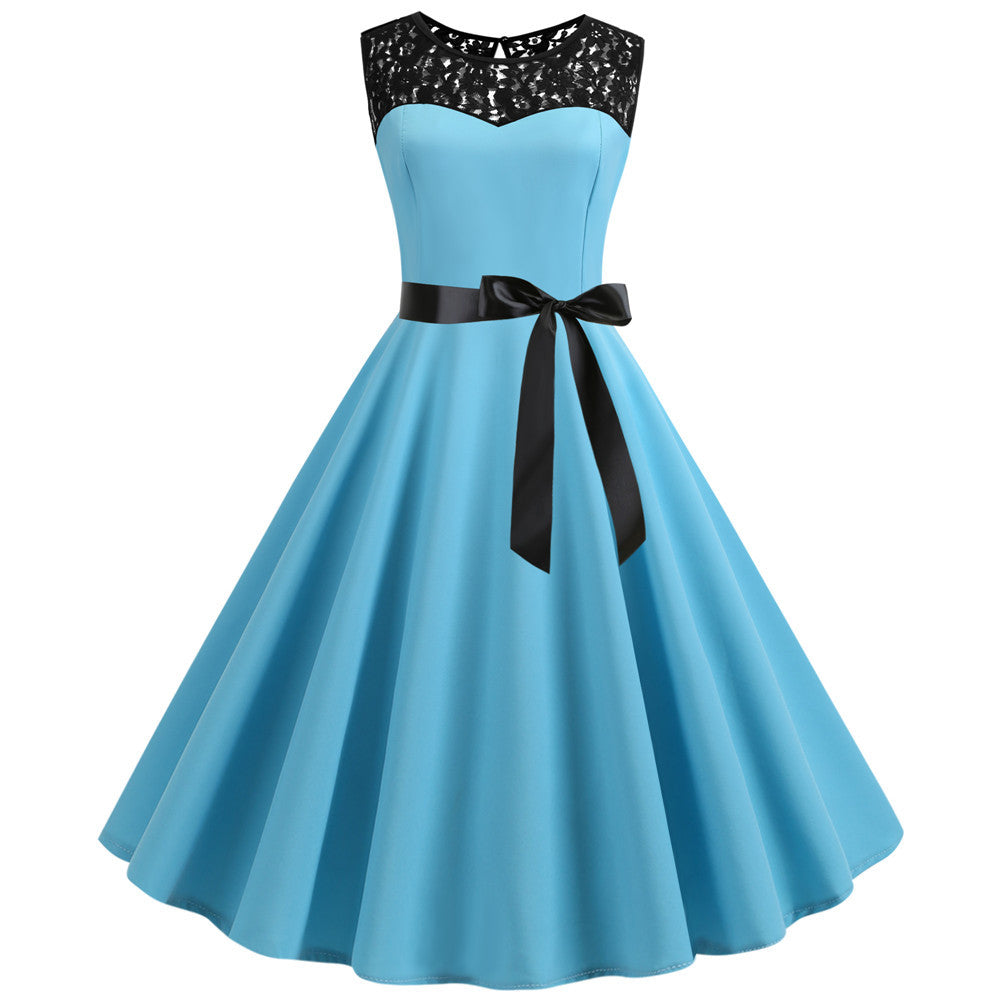 Sleeveless Lace Stitching Solid Color Wide Dresses