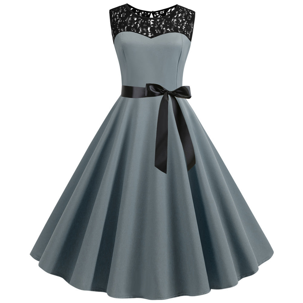 Sleeveless Lace Stitching Solid Color Wide Dresses