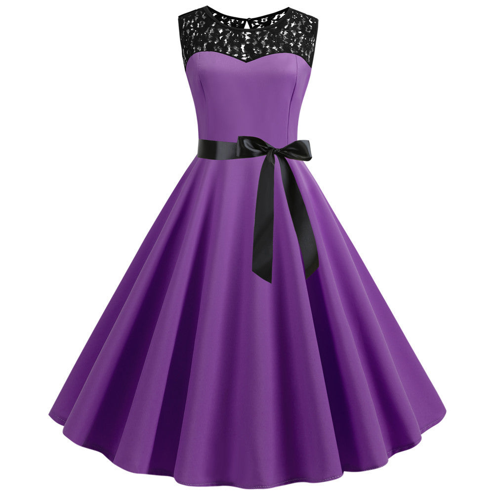 Sleeveless Lace Stitching Solid Color Wide Dresses