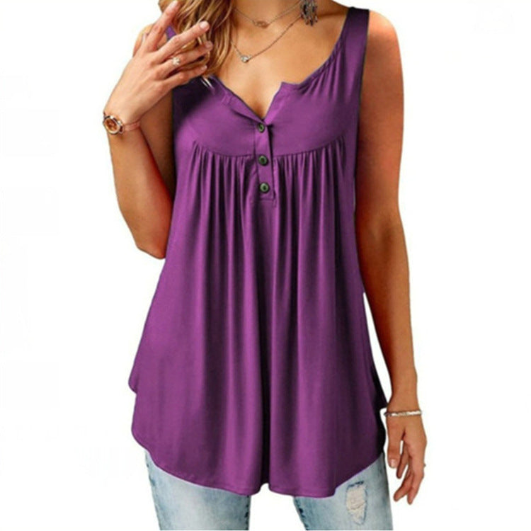 Women's Summer Solid Color Pleating Sleeveless Casual Blouses