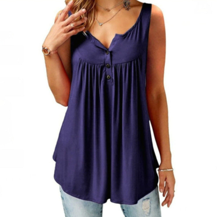 Women's Summer Solid Color Pleating Sleeveless Casual Blouses
