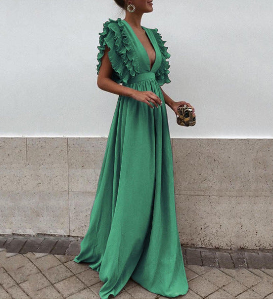 Women's Flying Sleeves Backless Solid Color Long Dress
