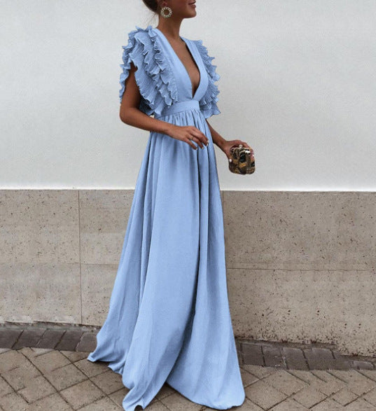 Women's Flying Sleeves Backless Solid Color Long Dress
