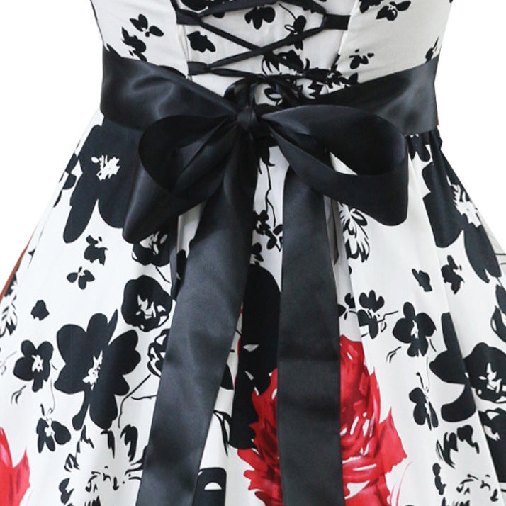 Hepburn Printed Peach Collar Simple Halter Dress