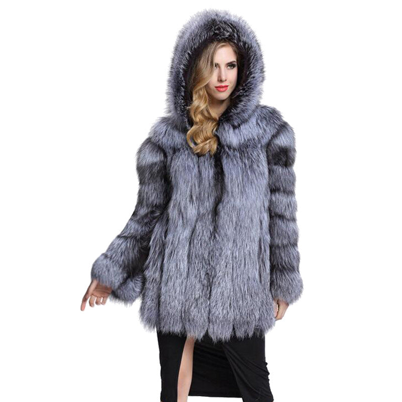 Women's Faux Fur Hooded Stitching Sier Fox Coats