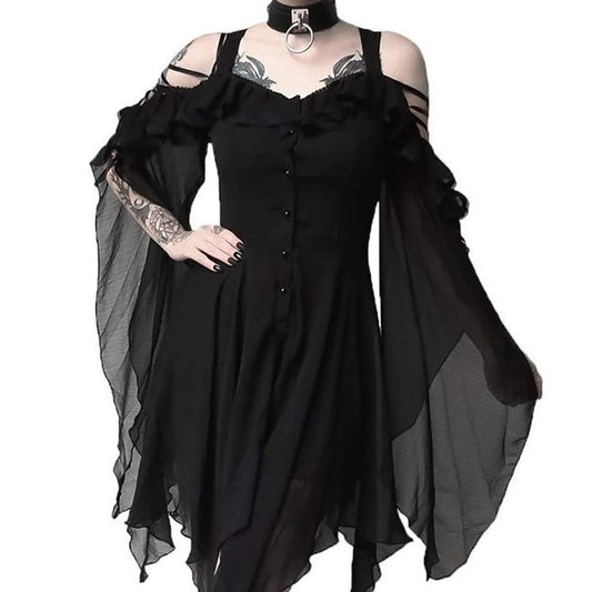 Color Strap Large Swing Sleeve Irregular Dresses