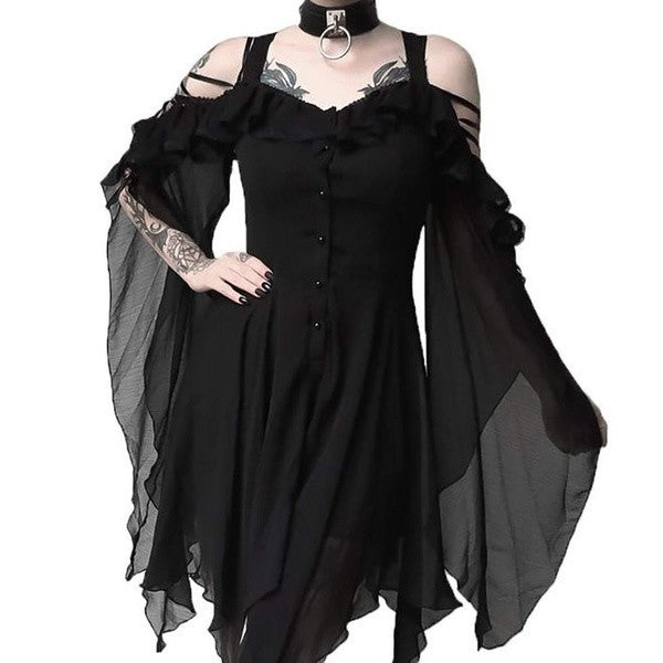 Color Strap Large Swing Sleeve Irregular Dresses