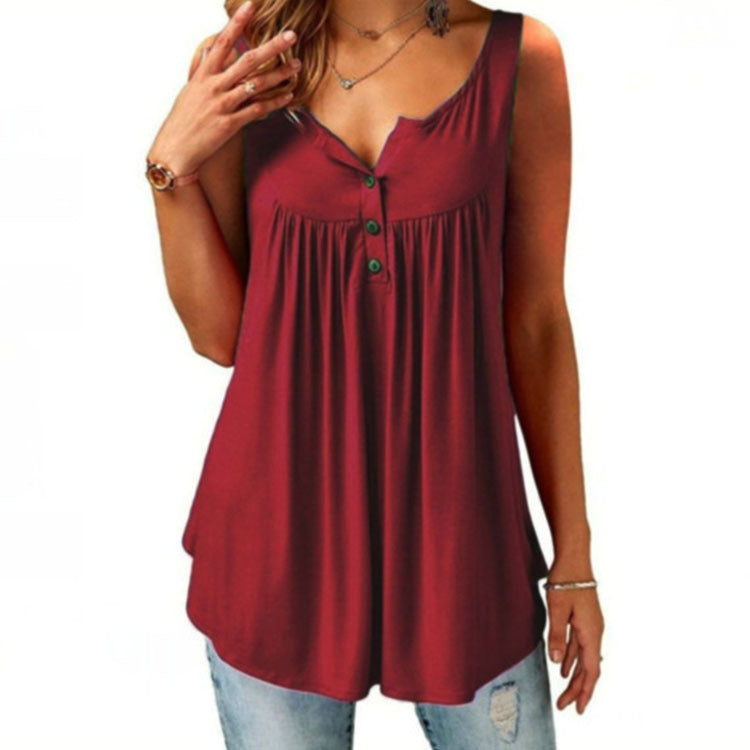 Women's Summer Solid Color Pleating Sleeveless Casual Blouses